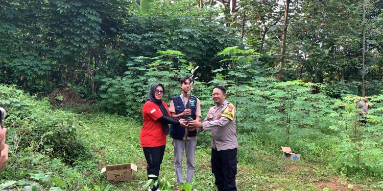 Bhabinkamtibmas Polsek Cibatu Ikuti Kegiatan Penanaman Pohon Bersama Mahasiswa Kkn Unsika Di Desa Cibukamanah